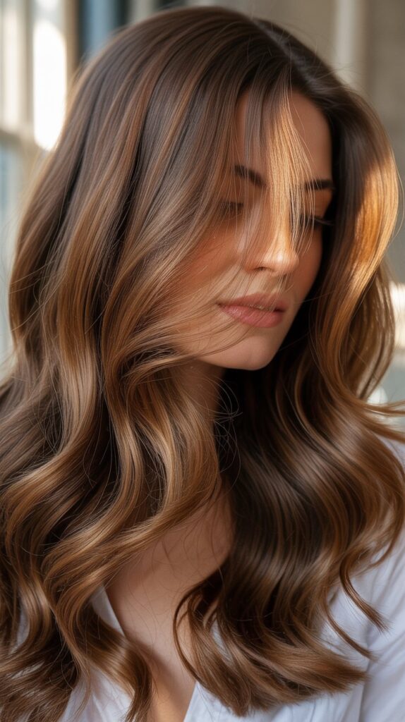 Best 27+ Elegant Winter Hair Colors for Brunettes 17 . Toffee Swirl Highlights