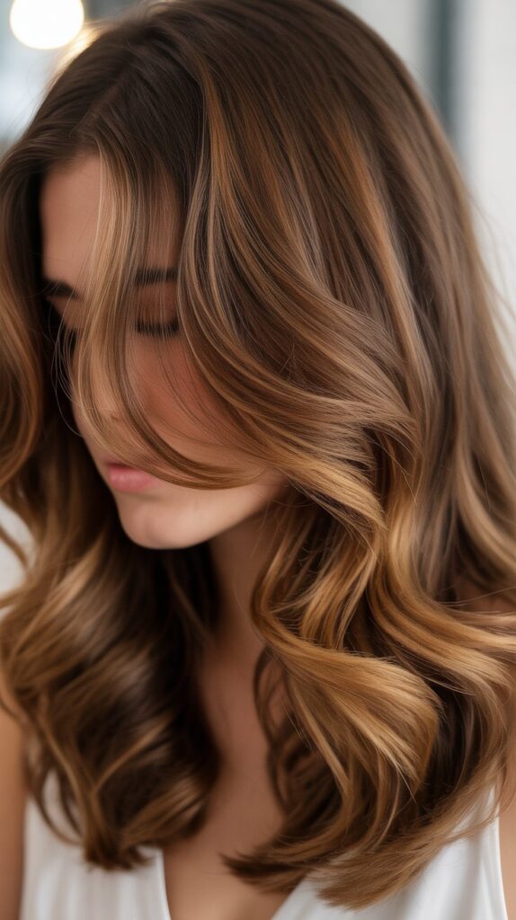 30 Caramel Highlights on Layered Brown Hair 22 Caramel Highlights on Side-Swept Layers