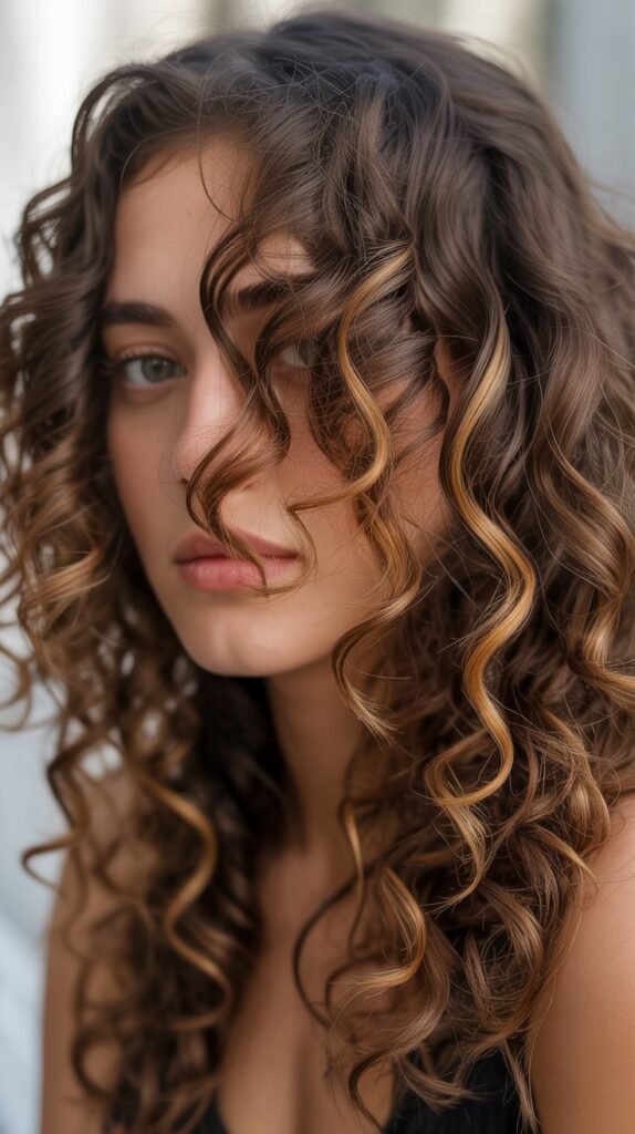 Caramel Highlights on Side-Parted Curls