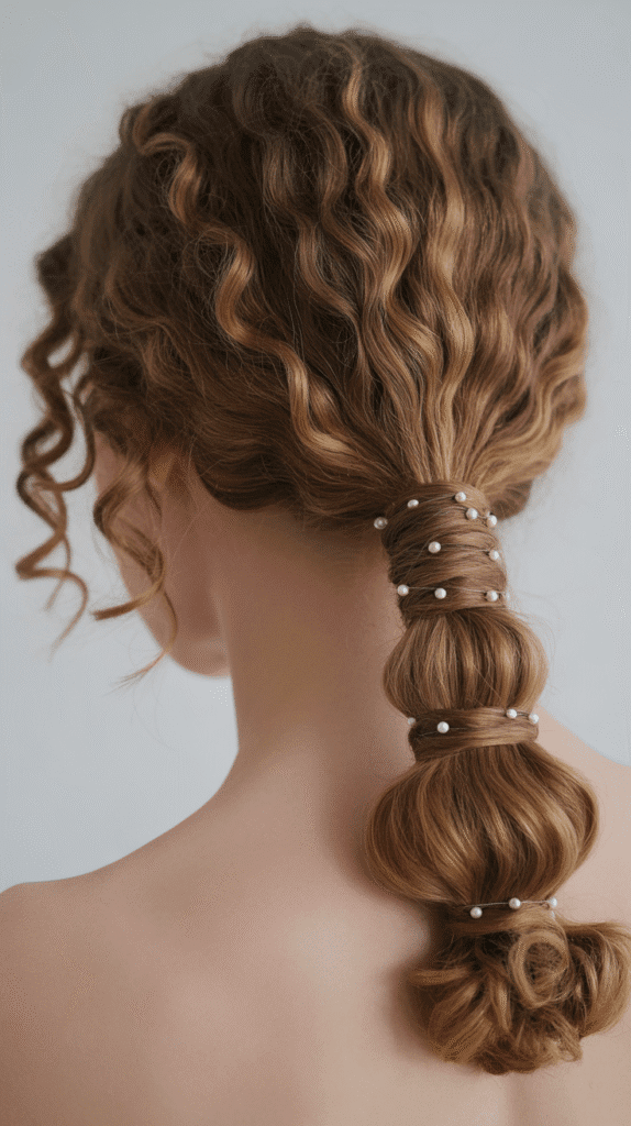 Best 30+ Wedding Hairstyles for Long Curly Hair 26 Low Curly Ponytail with Wrapped Sections