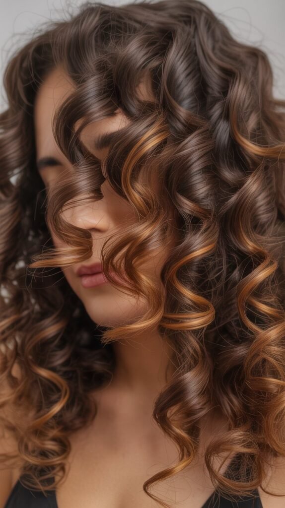 Soft Caramel Balayage on Wavy Curls
