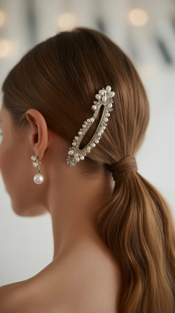 30 Easy and Quick Greasy Hair Hairstyles 26 Accessorized Low Ponytail