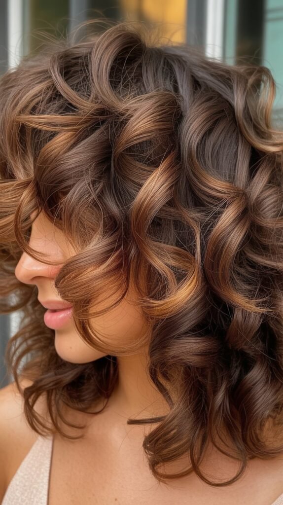 Caramel Highlights on Curly Shag Cut