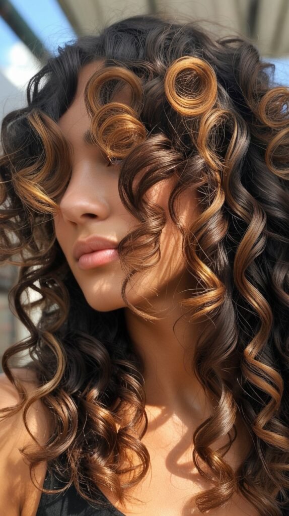 Caramel Highlights on Spiral Curls