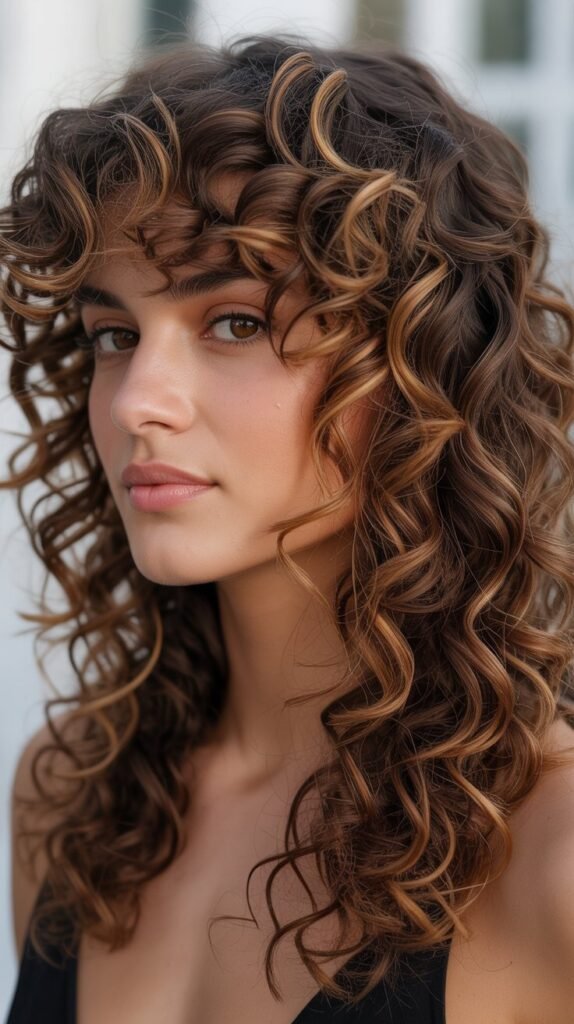 Caramel Highlights on Curly Mullet