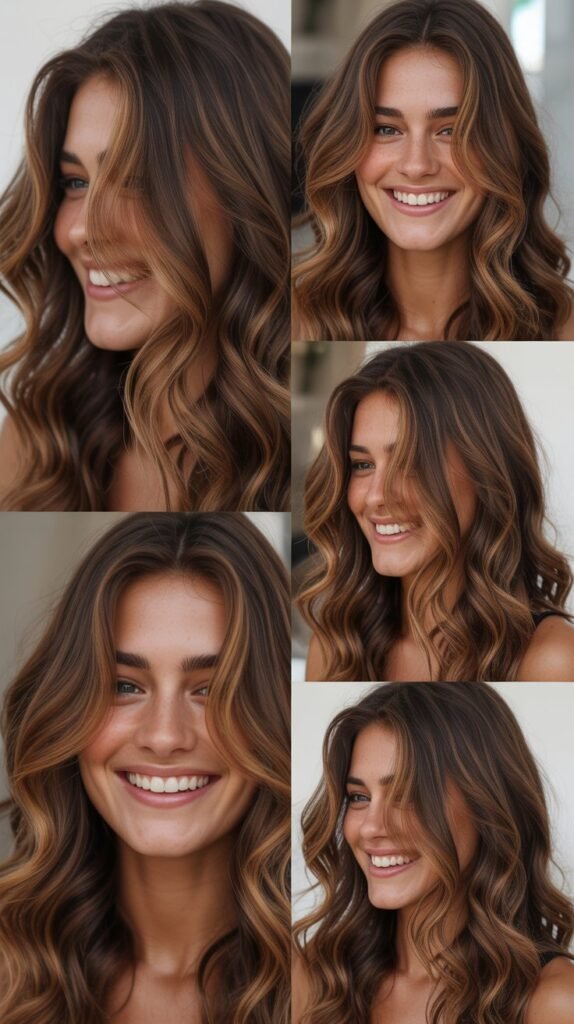 . Lived-In Caramel Highlights on Brown Waves