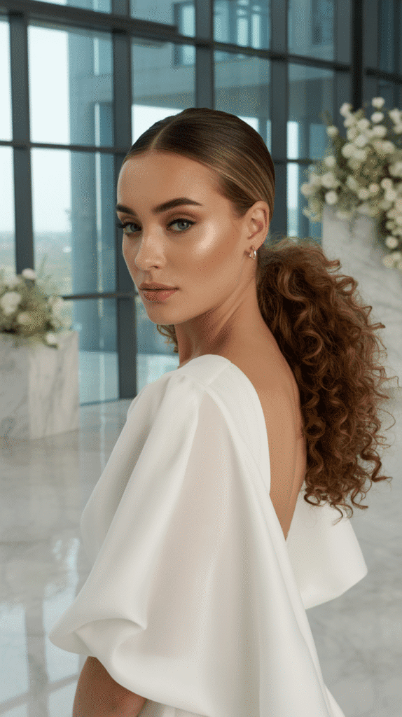Best 30+ Wedding Hairstyles for Long Curly Hair 8 Sleek Top with Curly Ponytail
