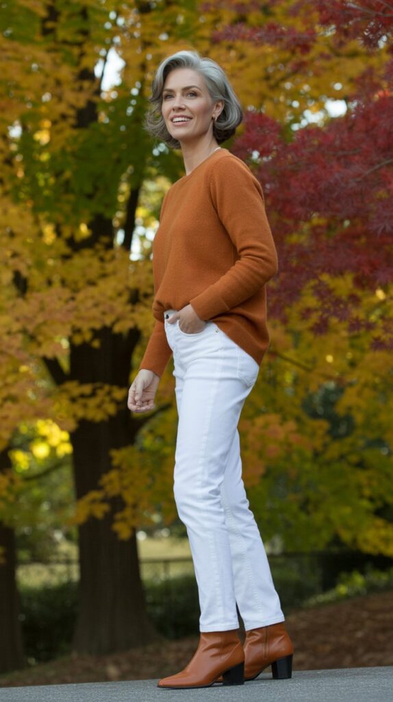 33 Classy Casual Fall Outfits for Women Over 50 17 White Jeans for Extended Fall