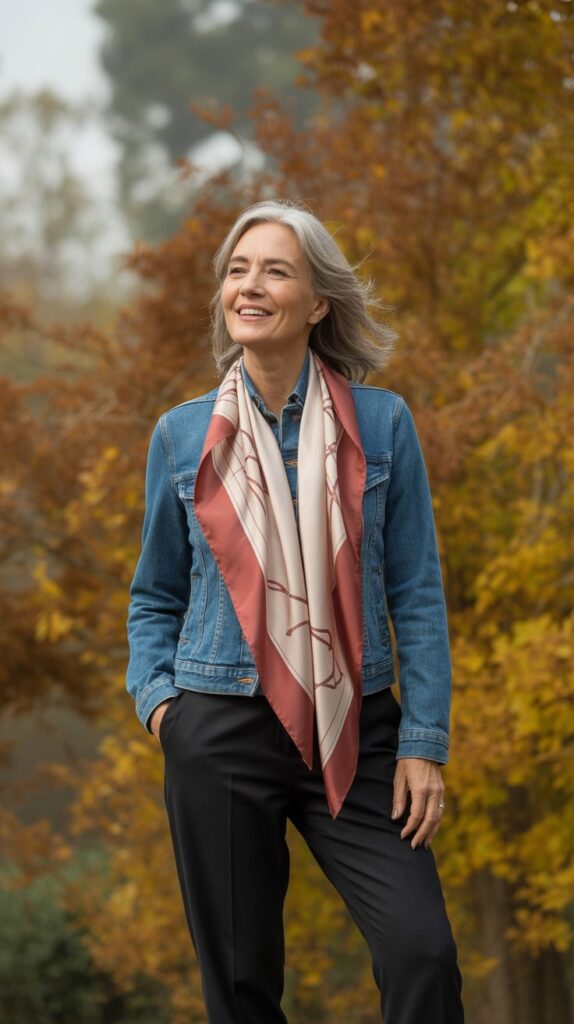 33 Classy Casual Fall Outfits for Women Over 50 5 Denim Jacket Layered with Scarves