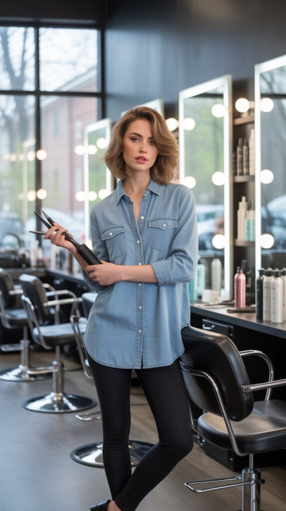33 Fresh Hairstylist Outfits for Work in Spring 3 Denim Button-Down with Black Leggings