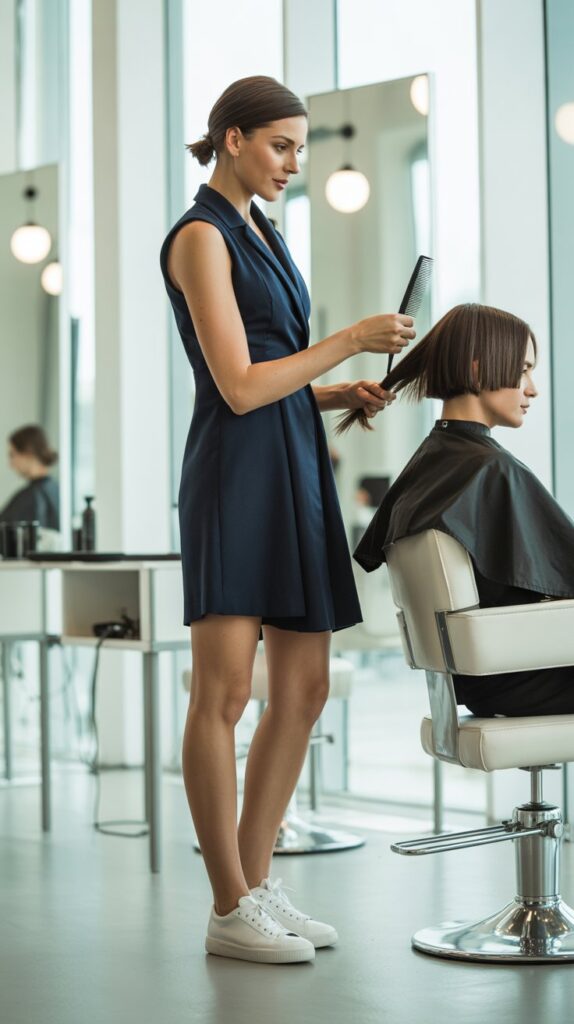 33 Chic Hairstylist Outfits for Work This Summer 33 Sleeveless Shirt Dress with Sneakers