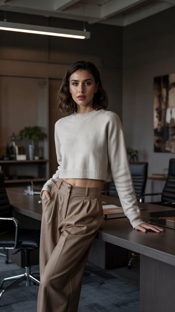 32 Casual Night-Out Fall Outfits for Women 23 Cropped Sweater with High-Waisted Trousers