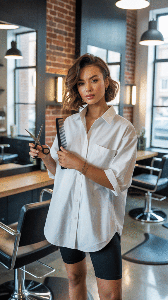 27 Everyday Hairstylist Work Outfits 10 Oversized Button-Up with Bike Shorts