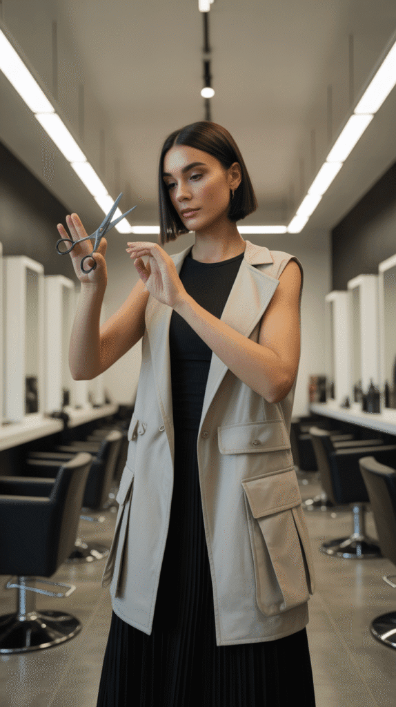 34 Breezy Summer Hairstylist Outfits for Work 31 Lightweight Trench Vest over Dress