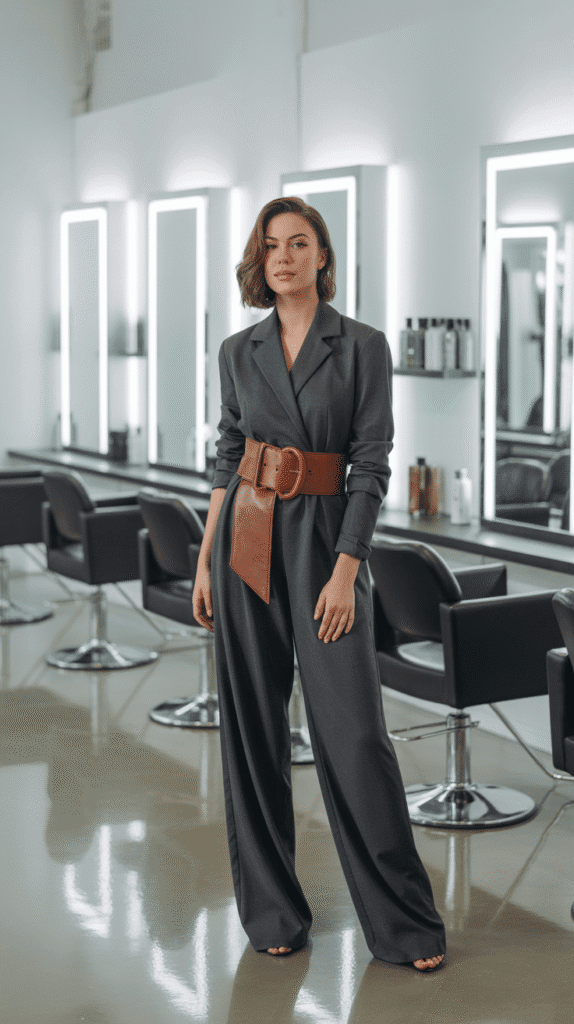 28 Cozy Hairstylist Outfits for Work in Fall 18 Charcoal Gray Jumpsuit with Statement Belt