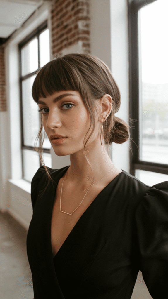 30+ Classy Bridesmaid Updo Hairstyles with Bangs 33 Textured Low Knot with Baby Bangs