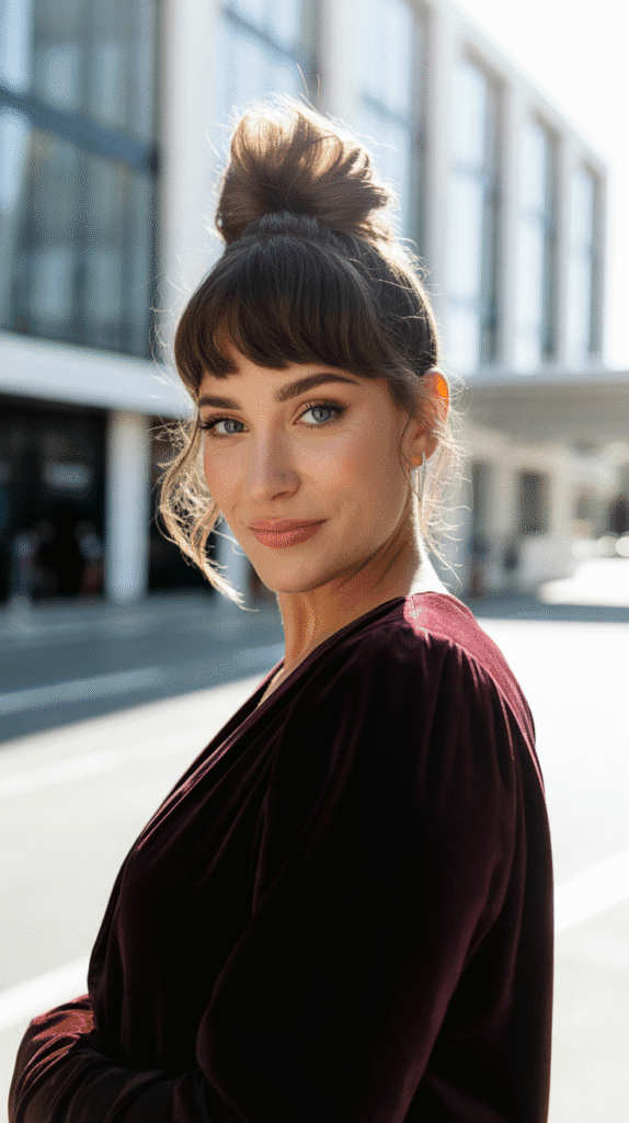 30+ Classy Bridesmaid Updo Hairstyles with Bangs 7 Voluminous Top Knot with Wispy Bangs