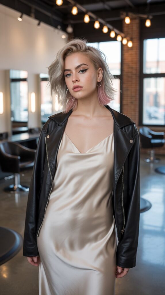 33 Fresh Hairstylist Outfits for Work in Spring 10 Leather Jacket with Simple Dress