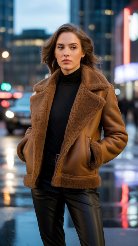 40 Winter Outfit Ideas for Women to Stay Warm and Stylish 11 Shearling Jacket with Turtleneck and Leather Pants