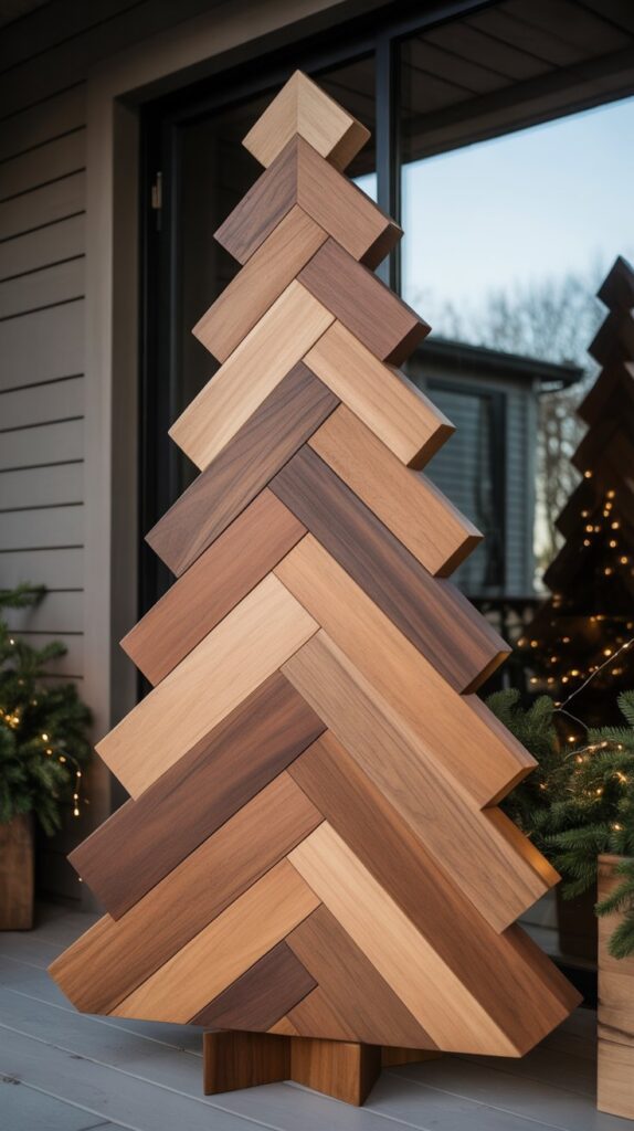 36 Wooden Christmas Trees for Your Front Porch Décor 18 Herringbone Pattern Wooden Trees