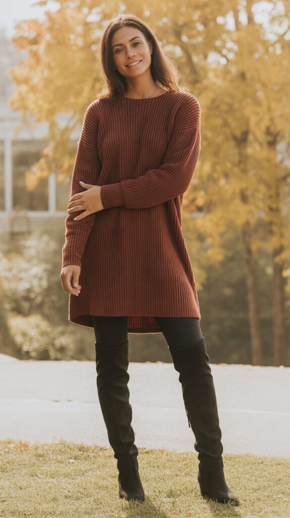 33 Trendy Casual Fall Outfits for Women with Leggings 11 Sweater Dress Over Leggings