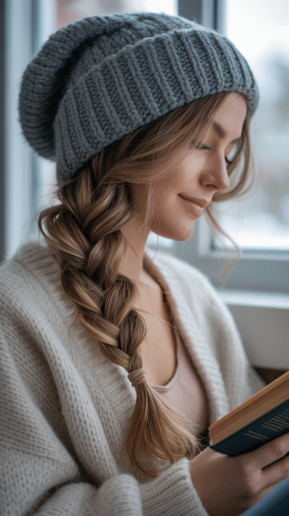 33 Cozy Cute Winter Hairstyles with Beanies 23 Side Braid with Oversized Beanie