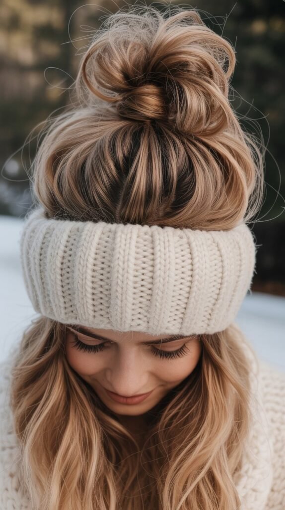 Textured Half-Up Top Knot with Beanie