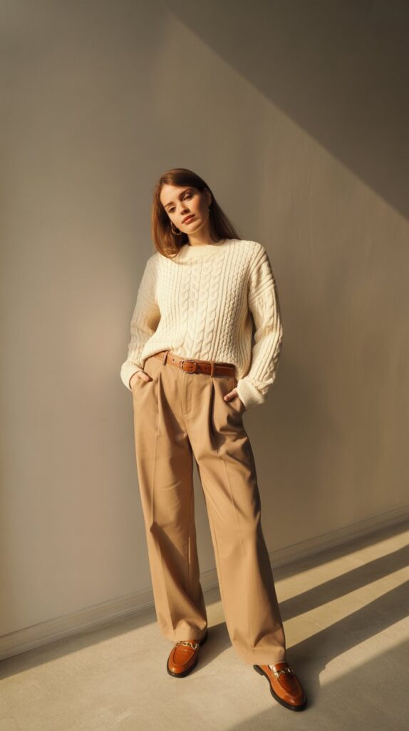 28 Classy Winter Outfits for Women for an Elegant Cold-Weather Look 7 Cream Cable-Knit Sweater with Camel Trousers