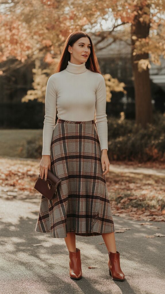 28 Classy Winter Outfits for Women for an Elegant Cold-Weather Look 15 Cream Turtleneck with Plaid Midi Skirt