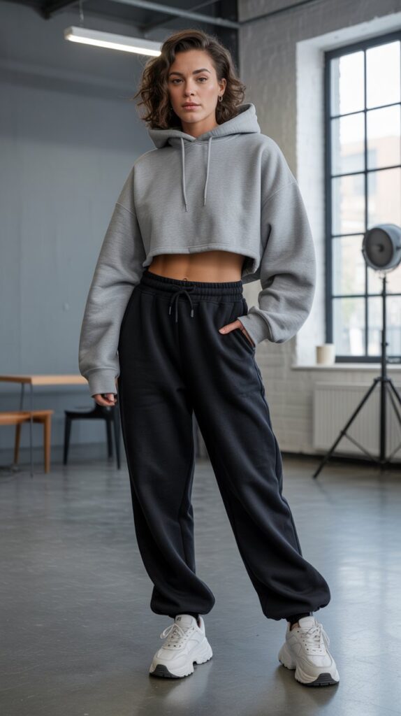 33 Chic Self Care Sunday Outfit Ideas to Dress to Impress 23 Cropped Hoodie with High-Waisted Sweatpants