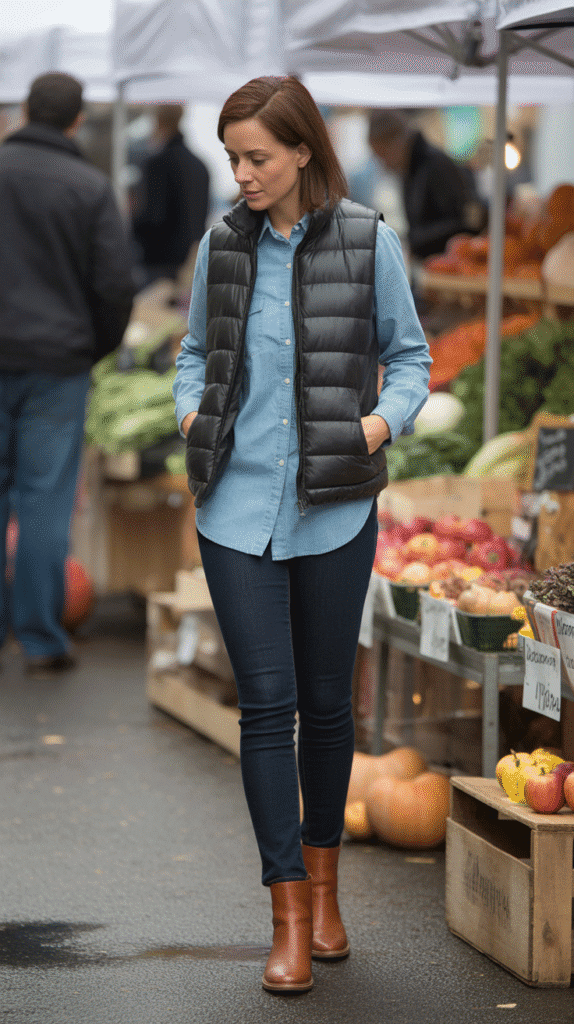 Puffer Vest Over Chambray Shirt