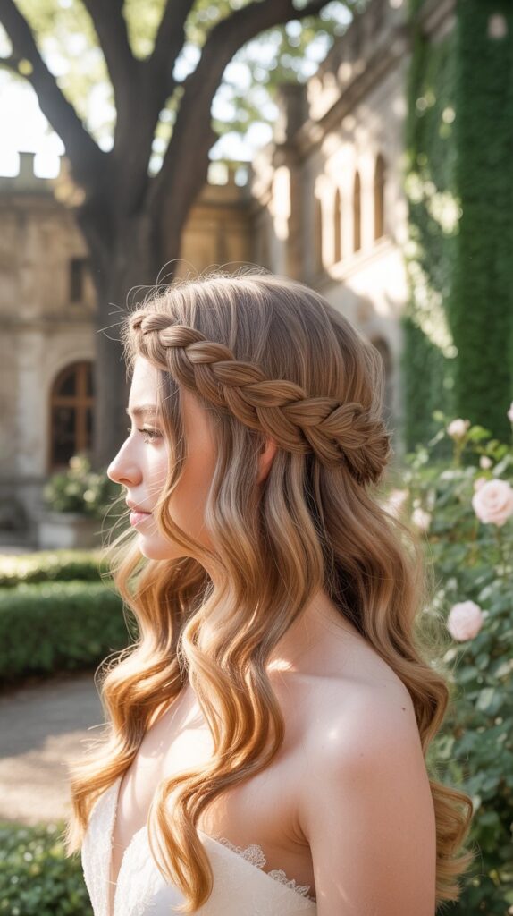 33 Best Half-Up, Half-Down Bridal Hairstyles 27 Half-Up with Crown Braid