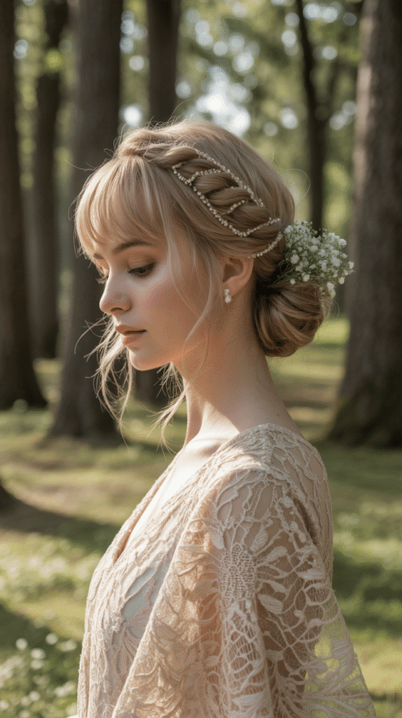 30+ Classy Bridesmaid Updo Hairstyles with Bangs 13 Double Twisted Crown with Feathered Bangs