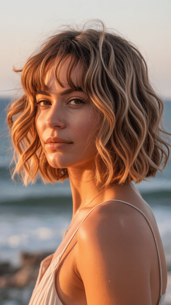  Wavy Long Bob with Curtain Bangs and Highlights