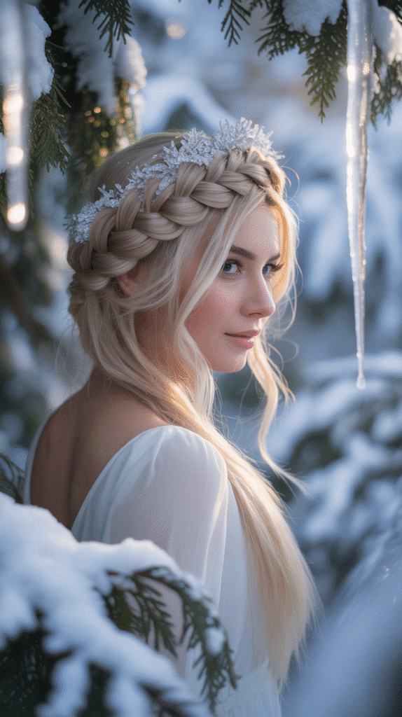 30 Must-Try Winter Hair Braid Trends for 2025 12 Halo Braid with Faux Snow Accents