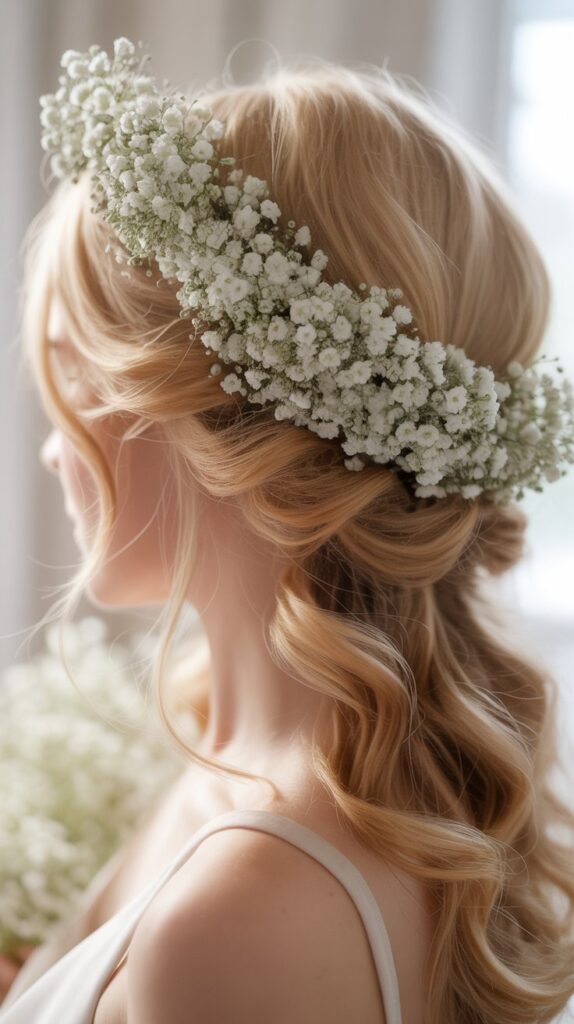 33 Best Half-Up, Half-Down Bridal Hairstyles 22 Half-Up with Baby's Breath