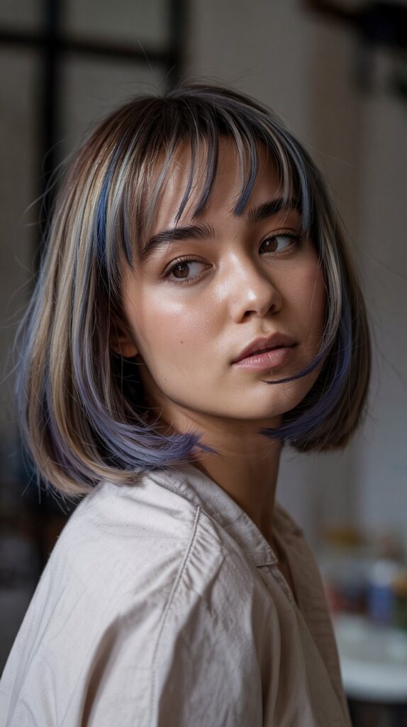 Long Bob with Curtain Bangs and Peek-a-Boo Color