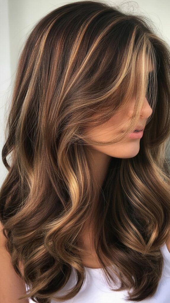 34 Trendy Brunette Balayage Hairstyles with a Money Piece 32 Layered Brunette Balayage with Chunky Money Piece