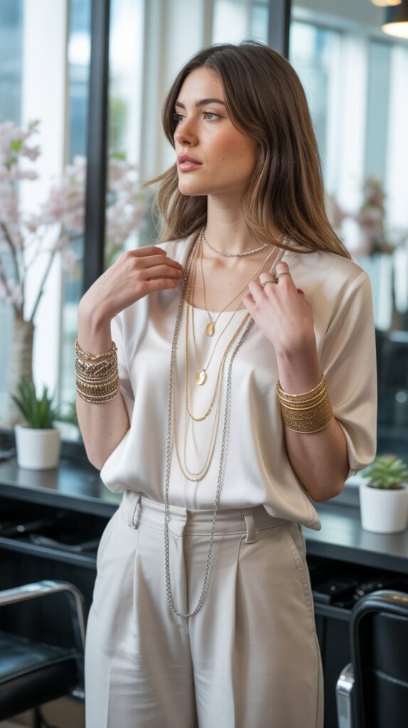 33 Fresh Hairstylist Outfits for Work in Spring 20 Layered Necklaces and Simple Outfit