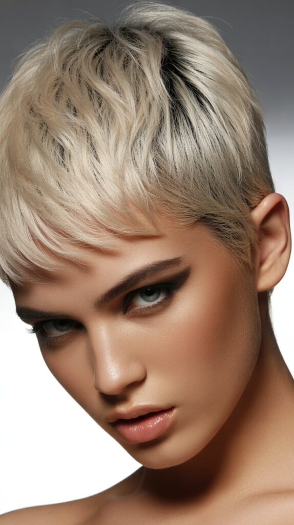 Platinum Blonde Messy Pixie with Dark Roots