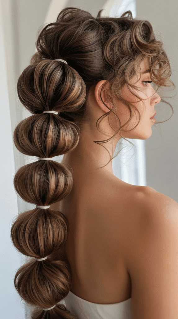 Best 30+ Wedding Hairstyles for Long Curly Hair 15 Bubble Ponytail with Defined Curls