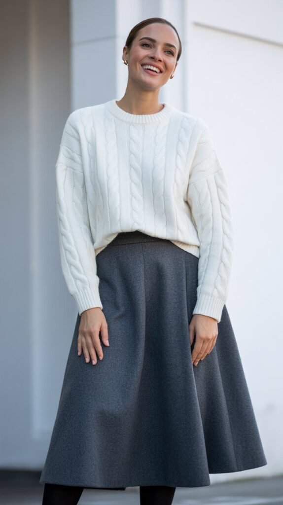 White Sweater and Gray Wool Skirt