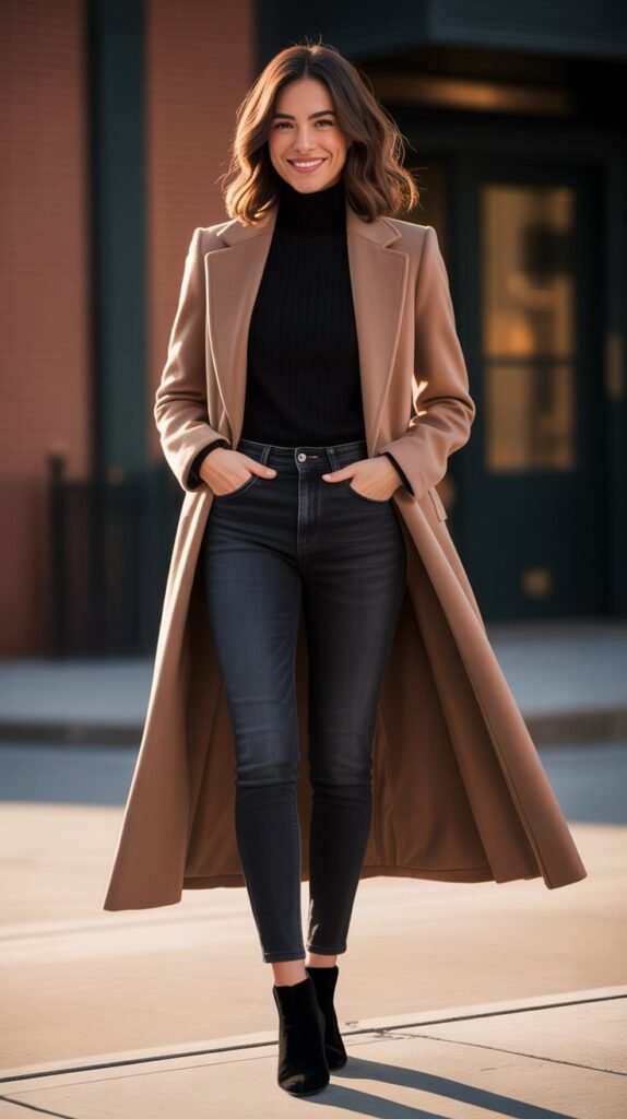 Long Coat Over Jeans and Turtleneck