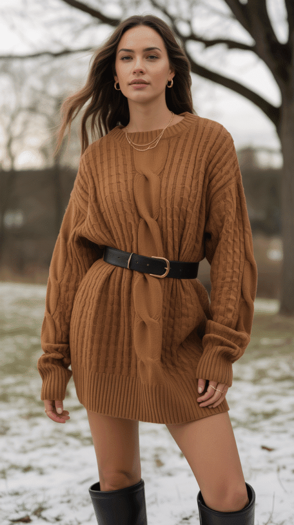 Chunky Knit Sweater Dress with Knee-High Boots