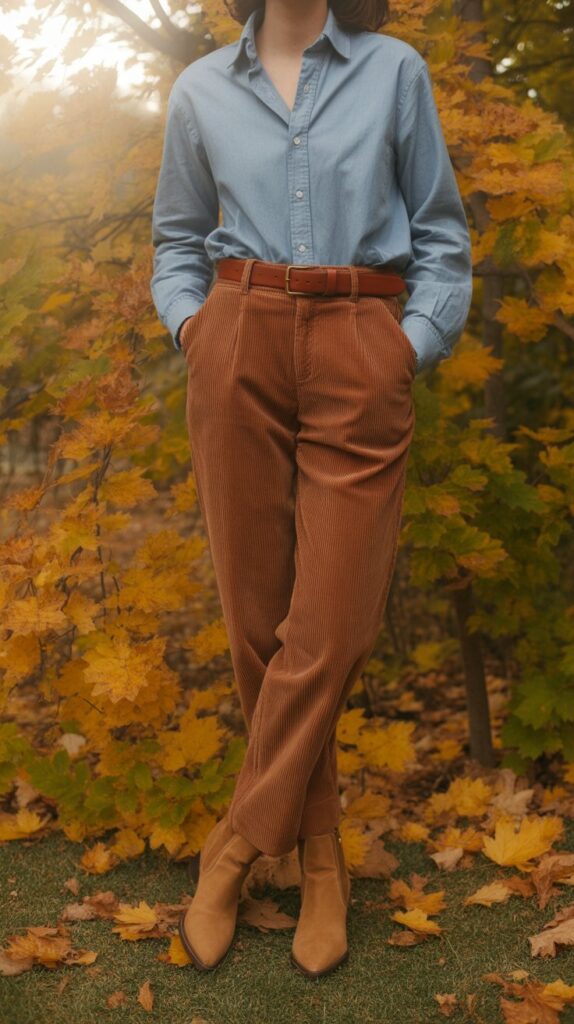 33 Best Casual Fall Outfits for Women at Work 6 Chambray Shirt with Corduroy Pants