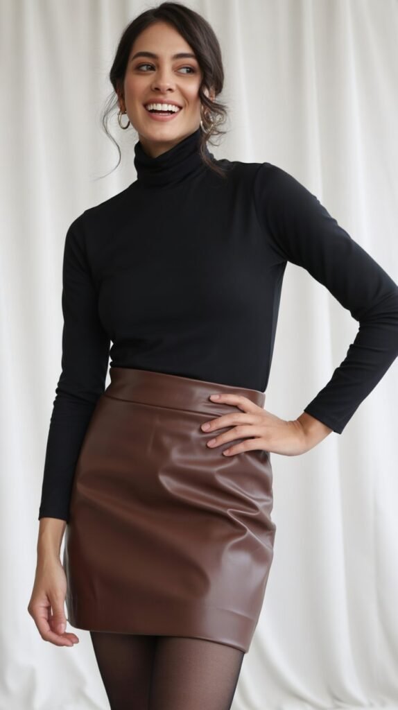  Turtleneck Bodysuit with Faux Leather Skirt and Tights