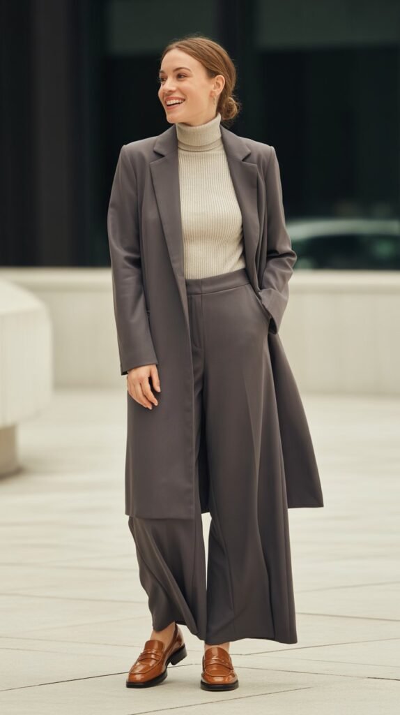 Longline Blazer with Turtleneck, Wide-Leg Pants, and Loafers