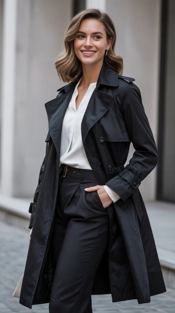 Black Trench Coat Over Monochrome Look