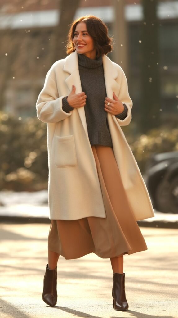 Cardigan Coat with Turtleneck, Midi Skirt, and Booties