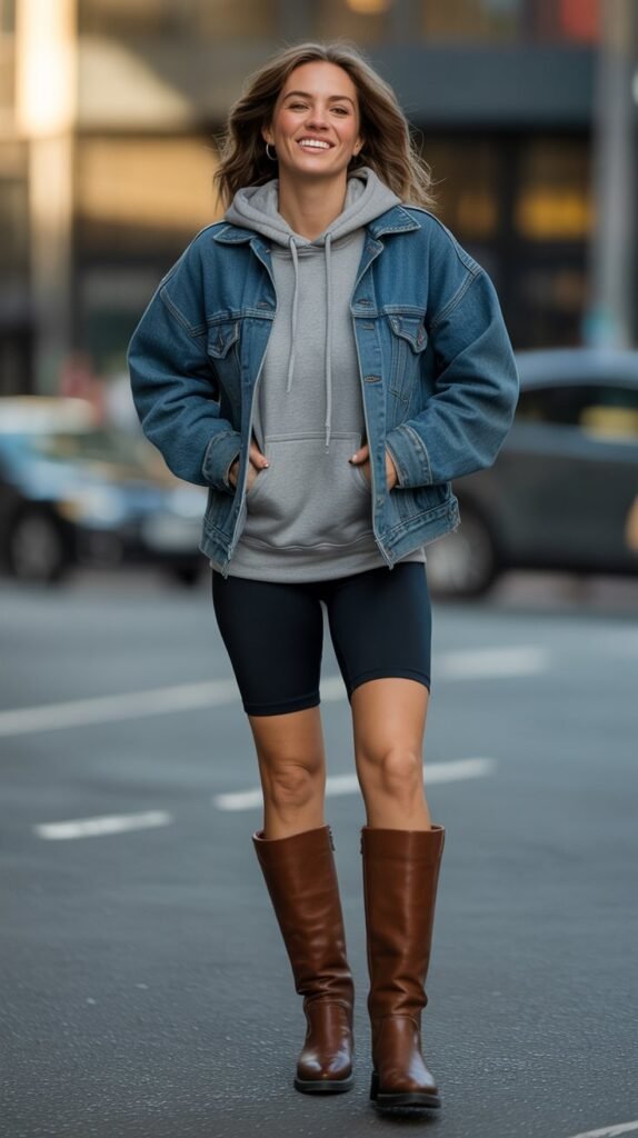  Hooded Sweatshirt with Denim Jacket, Bike Shorts, and Tall Boots